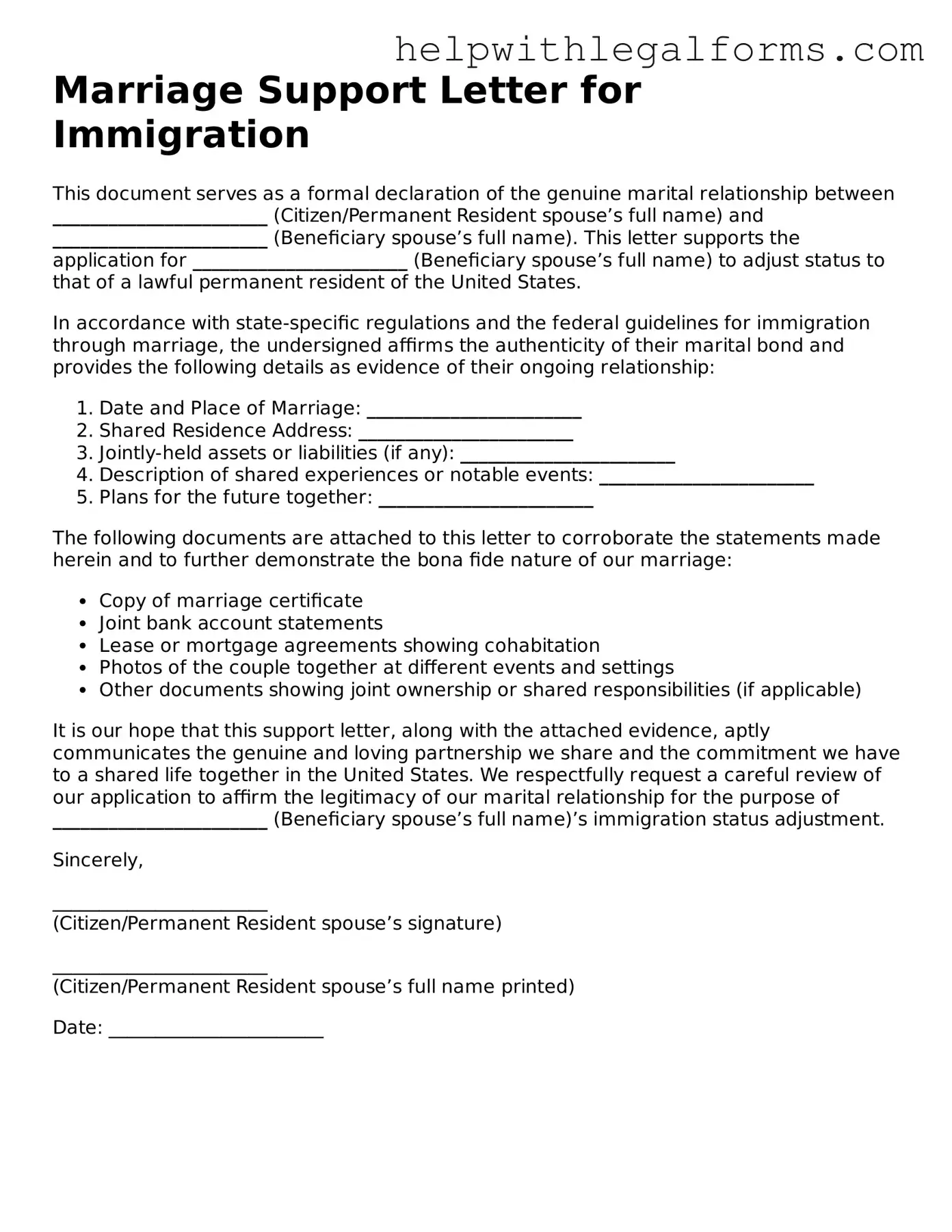 Legal Marriage Support Letter for Immigration Form