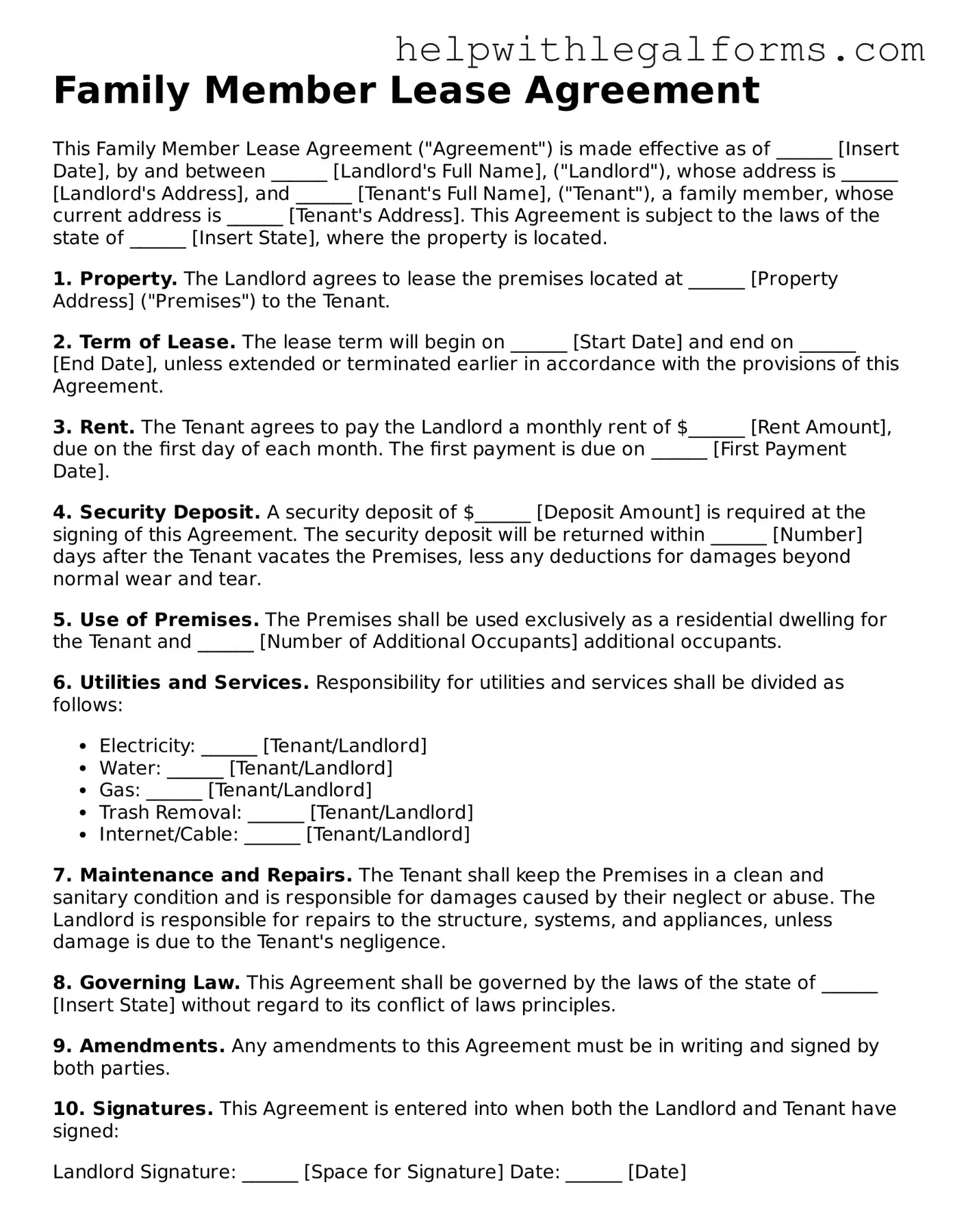 Legal Family Member Lease Agreement Form