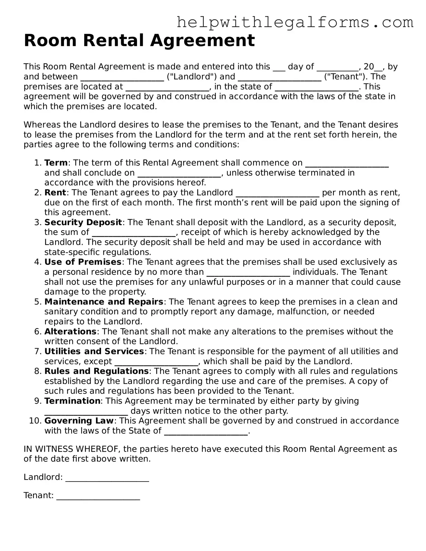 Legal Room Rental Agreement Form