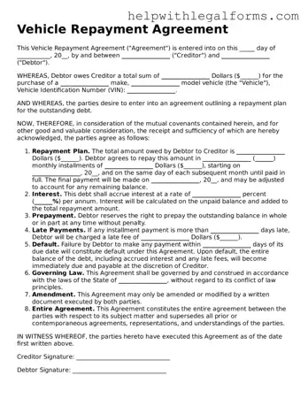 Legal Vehicle Repayment Agreement Form