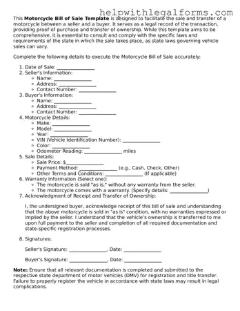 Legal Motorcycle Bill of Sale Form