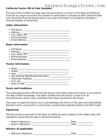 Blank  Tractor Bill of Sale Form for California