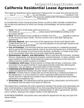 Blank  Residential Lease Agreement Form for California