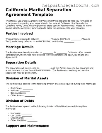Blank  Marital Separation Agreement Form for California