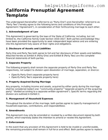 Blank  Prenuptial Agreement Form for California