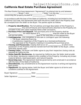 Blank  Real Estate Purchase Agreement Form for California