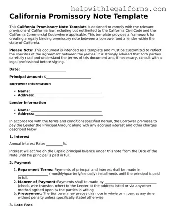 Blank  Promissory Note Form for California