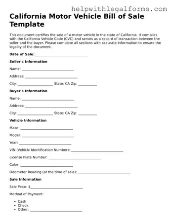 Blank  Motor Vehicle Bill of Sale Form for California