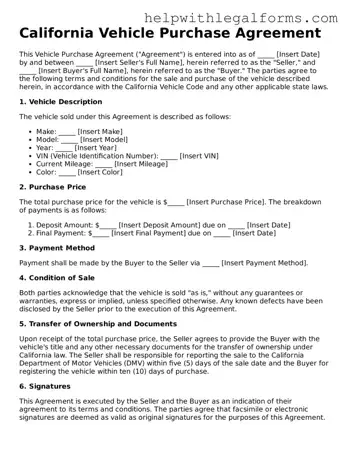 Blank  Vehicle Purchase Agreement Form for California