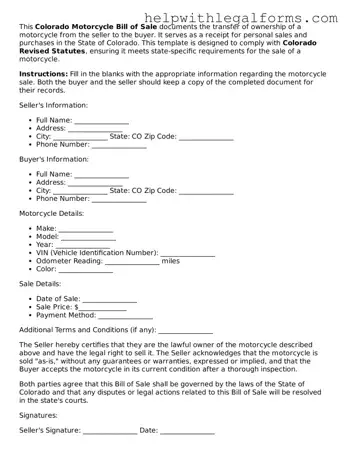 Blank  Motorcycle Bill of Sale Form for Colorado