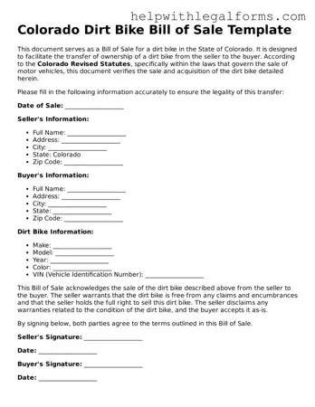 Blank  Dirt Bike Bill of Sale Form for Colorado