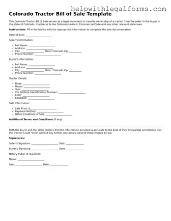 Blank  Tractor Bill of Sale Form for Colorado