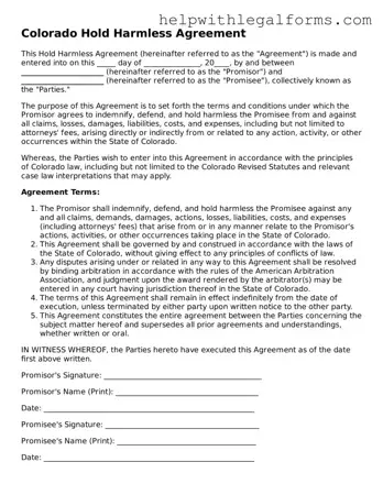 Blank  Hold Harmless Agreement Form for Colorado