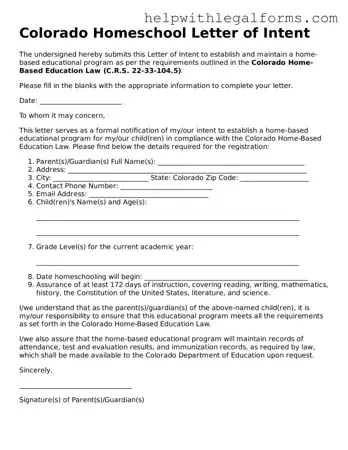 Blank  Homeschool Letter of Intent Form for Colorado