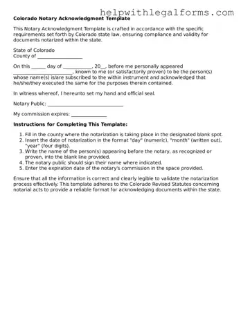 Blank  Notary Acknowledgement Form for Colorado