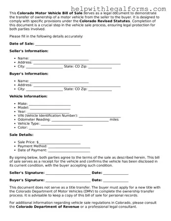 Blank  Motor Vehicle Bill of Sale Form for Colorado