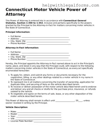 Blank  Motor Vehicle Power of Attorney Form for Connecticut