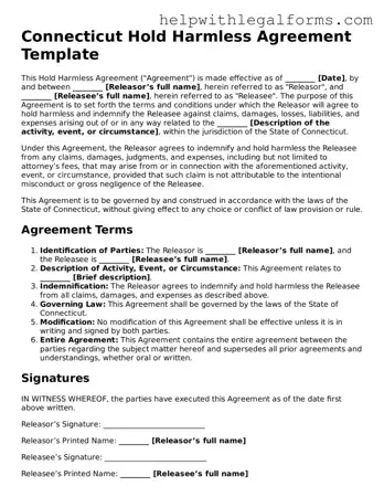 Blank  Hold Harmless Agreement Form for Connecticut