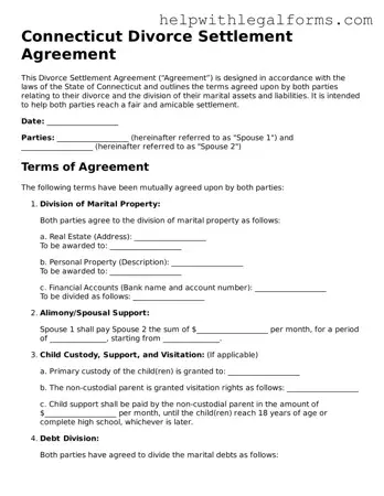 Blank  Divorce Settlement Agreement Form for Connecticut