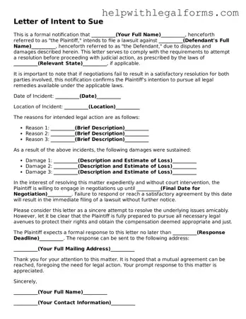 Legal Letter of Intent to Sue Form