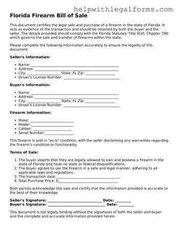 Blank  Firearm Bill of Sale Form for Florida