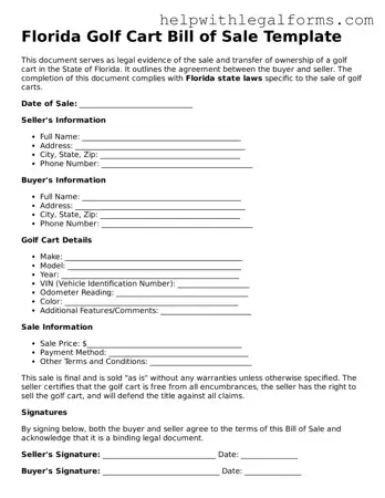 Blank  Golf Cart Bill of Sale Form for Florida