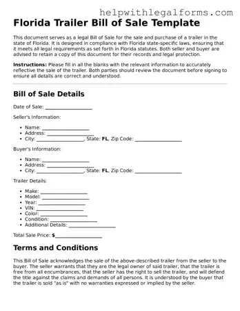 Blank  Trailer Bill of Sale Form for Florida