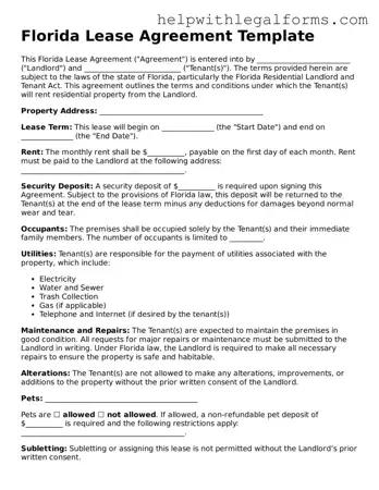 Blank  Lease Agreement Form for Florida