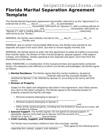 Blank  Marital Separation Agreement Form for Florida