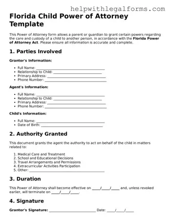 Blank  Power of Attorney for a Child Form for Florida