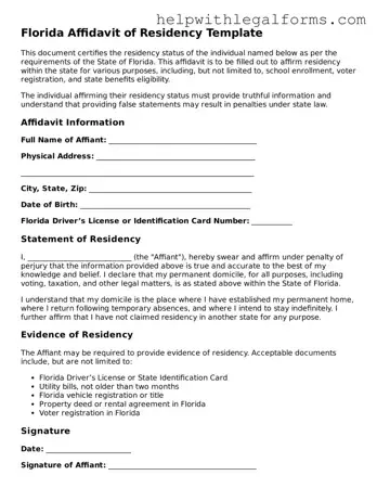 Blank  Affidavit of Residency Form for Florida
