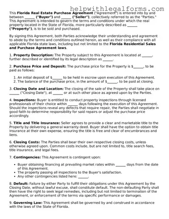 Blank  Real Estate Purchase Agreement Form for Florida