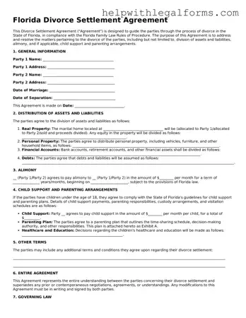 Blank  Divorce Settlement Agreement Form for Florida