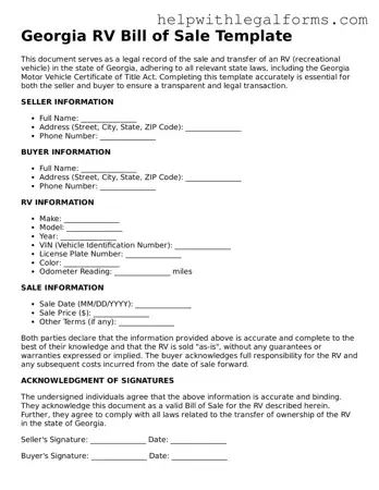 Blank  RV Bill of Sale Form for Georgia