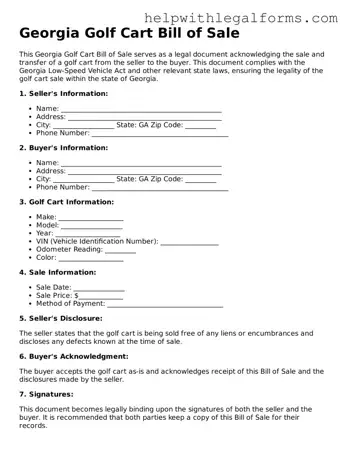 Blank  Golf Cart Bill of Sale Form for Georgia
