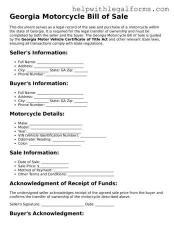 Blank  Motorcycle Bill of Sale Form for Georgia