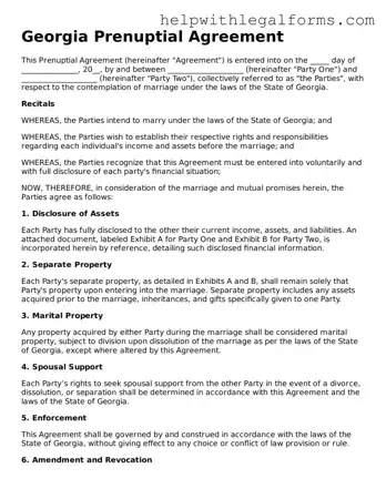 Blank  Prenuptial Agreement Form for Georgia