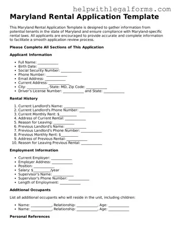 Blank  Rental Application Form for Maryland