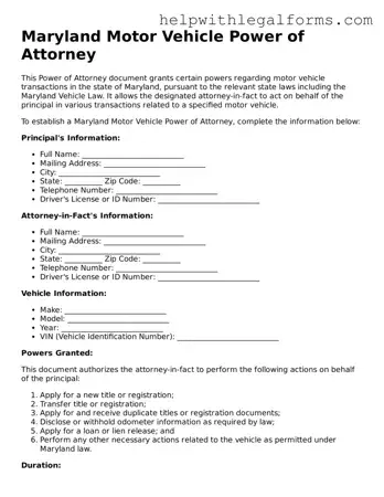 Blank  Motor Vehicle Power of Attorney Form for Maryland