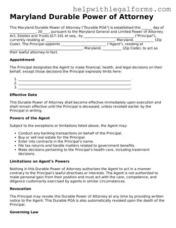 Blank  Durable Power of Attorney Form for Maryland