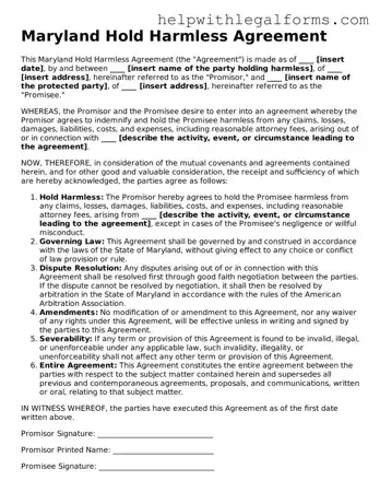Blank  Hold Harmless Agreement Form for Maryland