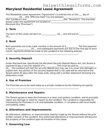 Blank  Residential Lease Agreement Form for Maryland