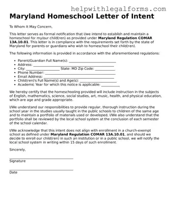 Blank  Homeschool Letter of Intent Form for Maryland