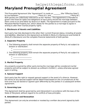 Blank  Prenuptial Agreement Form for Maryland