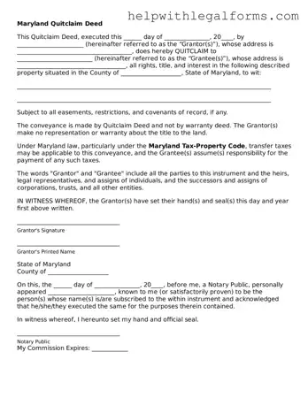 Blank  Quitclaim Deed Form for Maryland