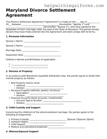 Blank  Divorce Settlement Agreement Form for Maryland