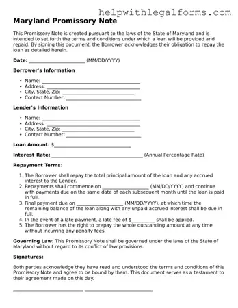 Blank  Promissory Note Form for Maryland