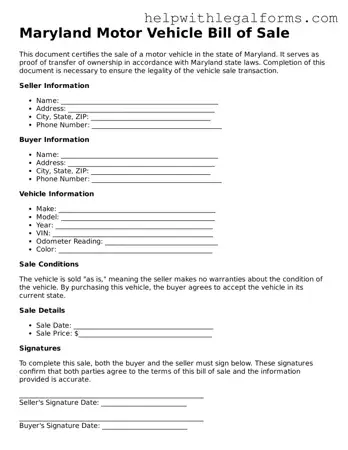 Blank  Motor Vehicle Bill of Sale Form for Maryland