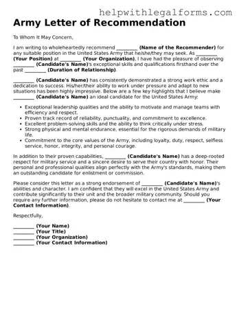 Legal Army Letter of Recommendation Form