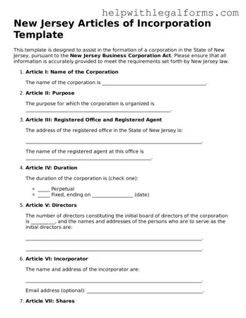Blank  Articles of Incorporation Form for New Jersey